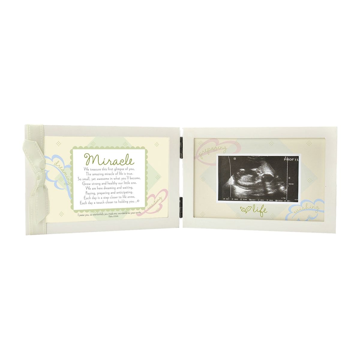 White 4x6 double wood frame with "Miracle" sentiment and scripture and green satin ribbon on the left and artwork and space for an ultrasound on the right.