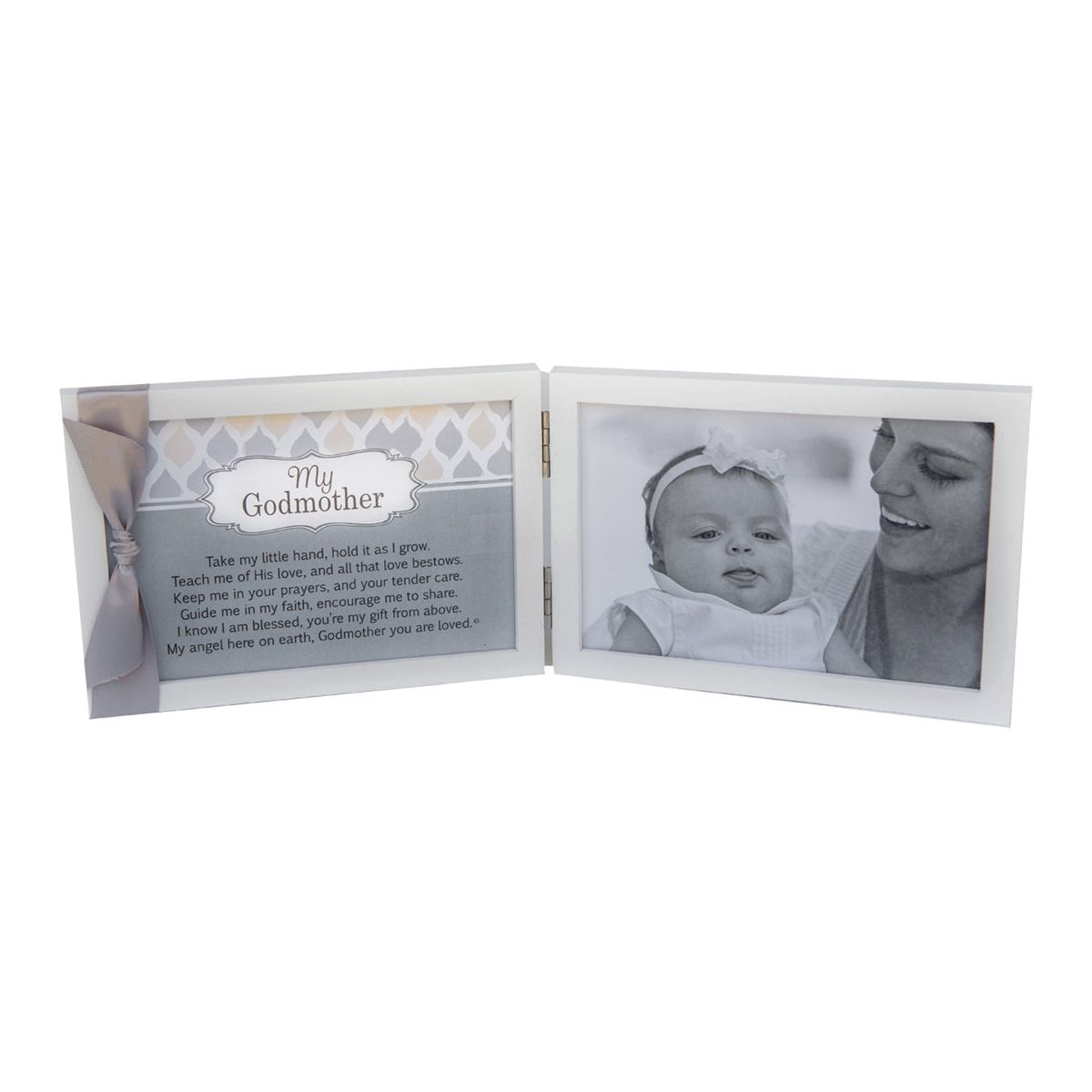 White 4x6 double wood frame with "My Godmother" sentiment and gray satin ribbon on the left and space for a photo on the right.