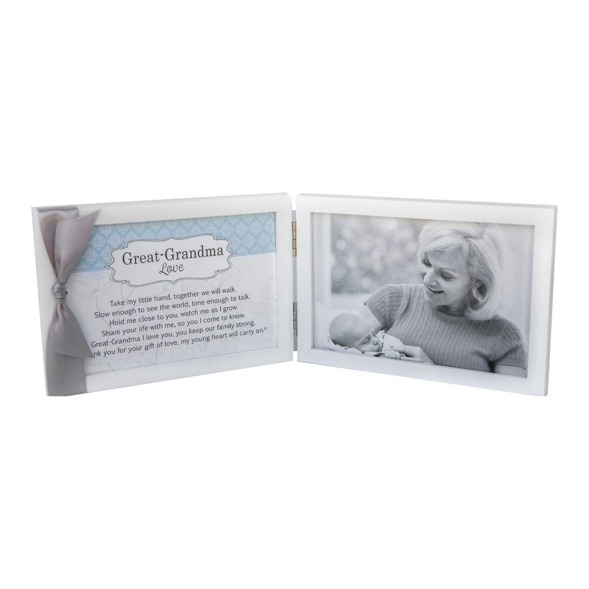 White 4x6 double wood frame with "Great-Grandma Love" sentiment and gray satin ribbon on the left and space for a photo on the right.