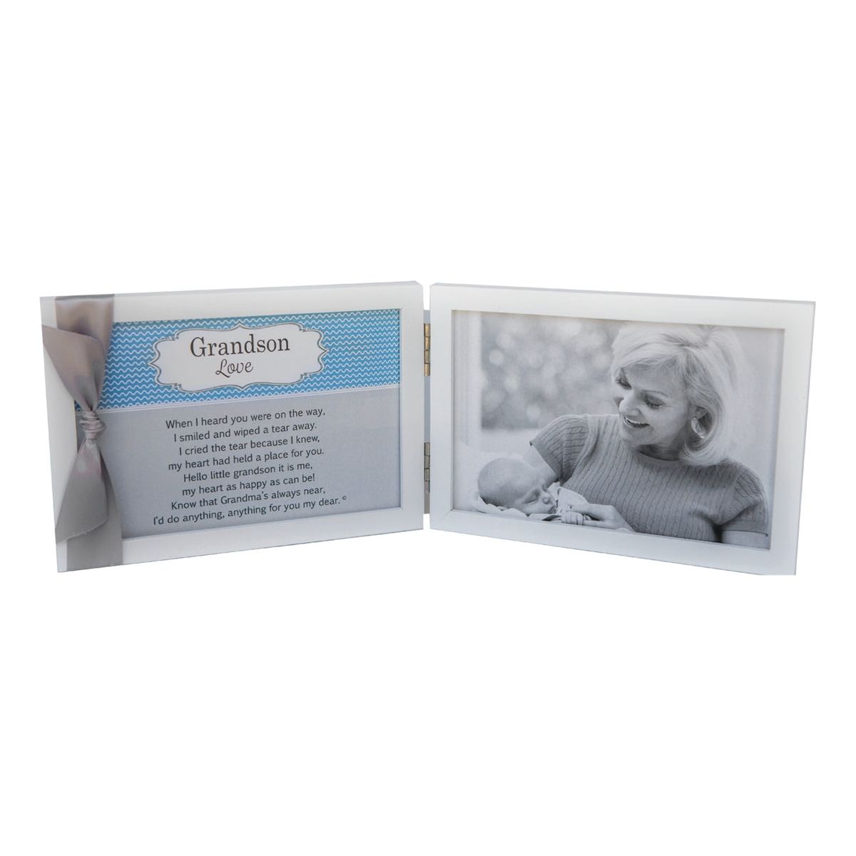 White 4x6 double wood frame with "Grandson Love" sentiment and gray satin ribbon on the left and space for a 4x6 photo on the right.
