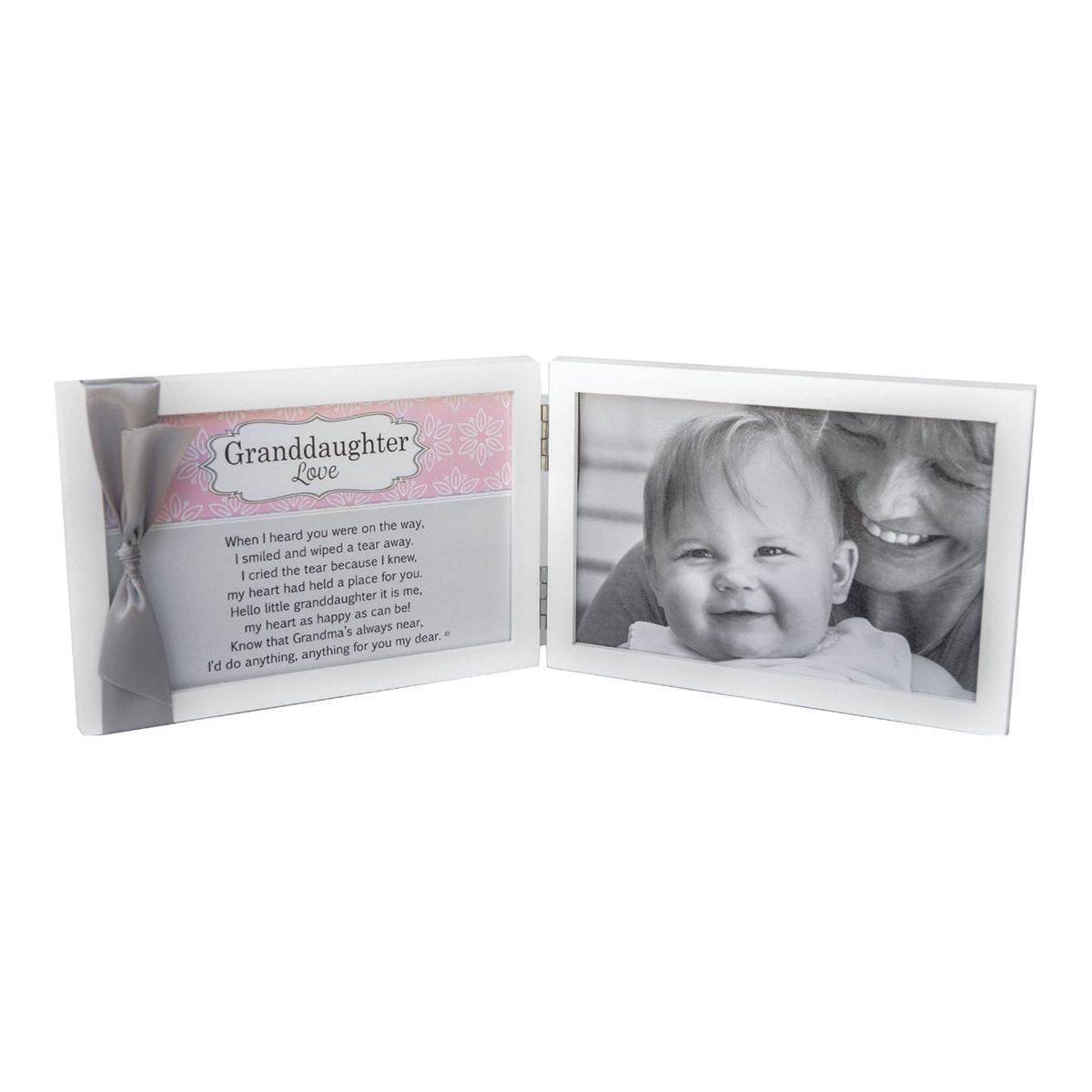 White 4x6 double wood frame with "Granddaughter Love" sentiment and gray satin ribbon on the left and space for a 4x6 photo on the right.
