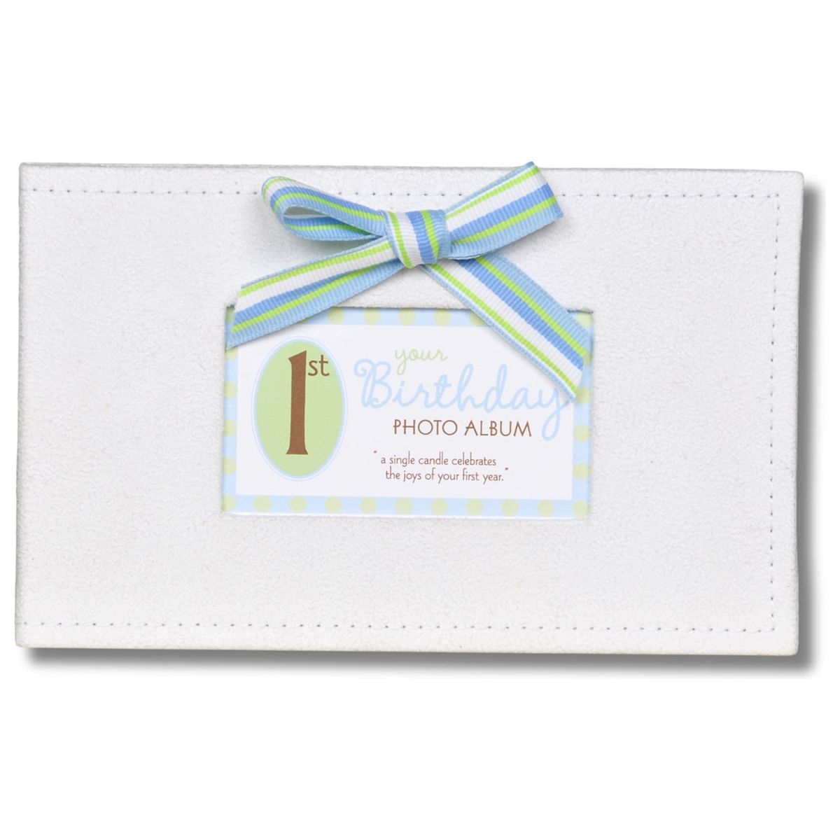 White faux suede keepsake 1st Birthday photo album with grosgrain bow.