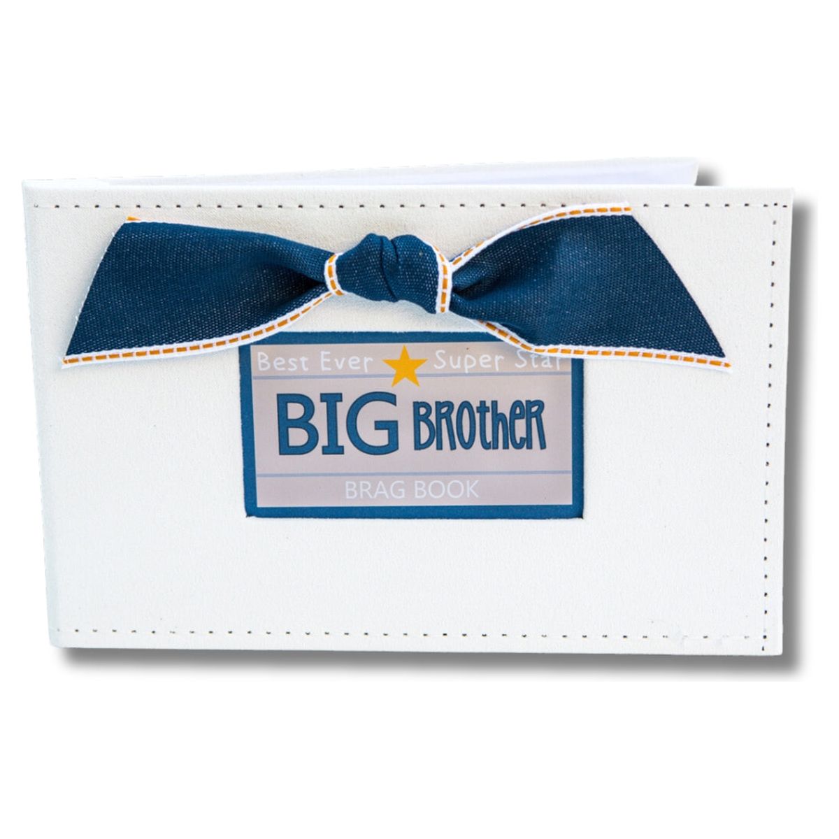 5x7 white faux suede Big Brother photo brag book with blue bow to hold 32 4x6 or 3.5x5 photos.