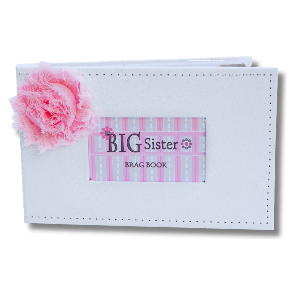 5x7 white faux suede Big Sister photo brag book with pink fabric flower to hold 32 4x6 or 3.5x5 photos.