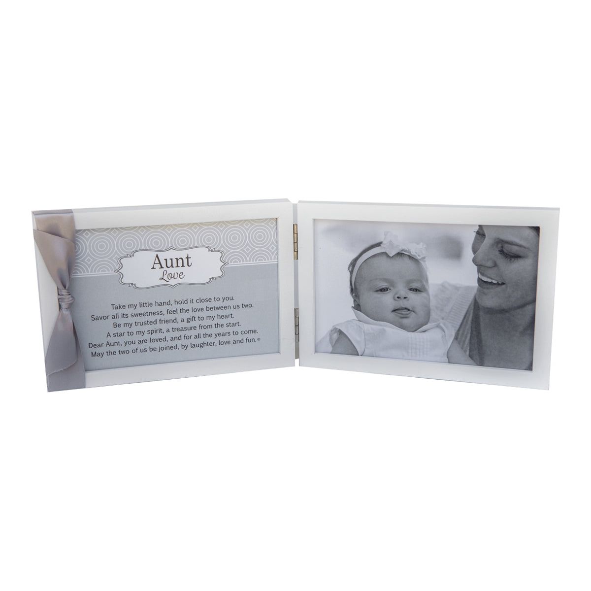 White 4x6 double wood frame with "Aunt Love" sentiment and gray satin ribbon on the left and space for a photo on the right.