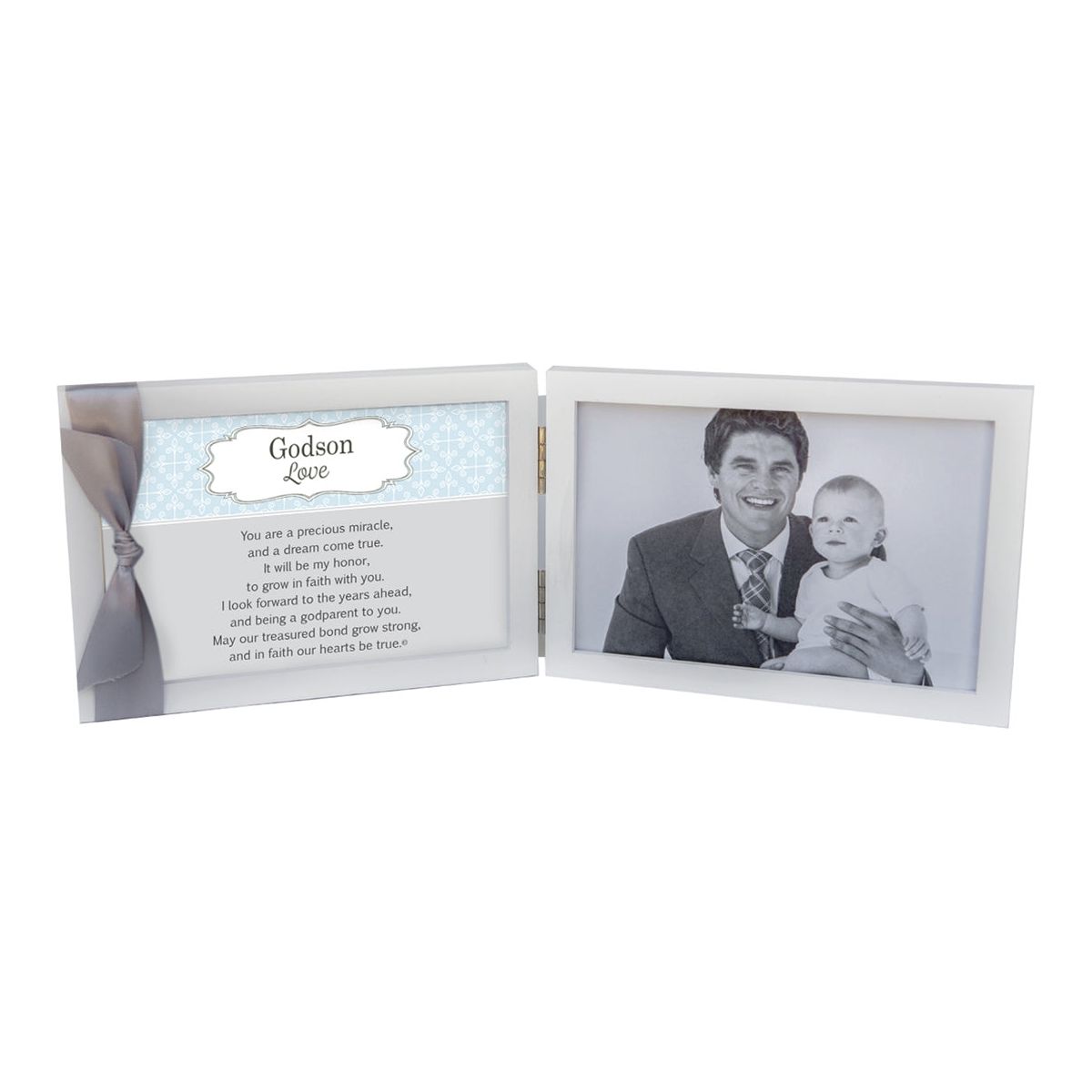 White 4x6 double wood frame with "Godson Love" sentiment and gray satin ribbon on the left and space for a photo on the right.