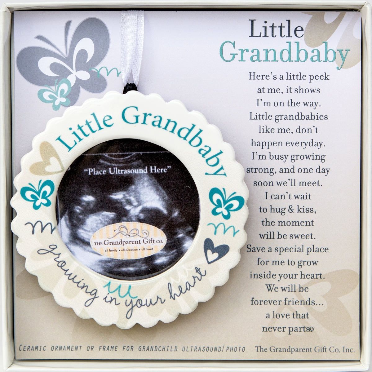 3" scalloped ceramic baby ultrasound/photo ornament to hold 2.25" round image.  Ornament is gift boxed with "Little Grandbaby" poem folding card in a white 5.5"x5.5" box with a clear lid.