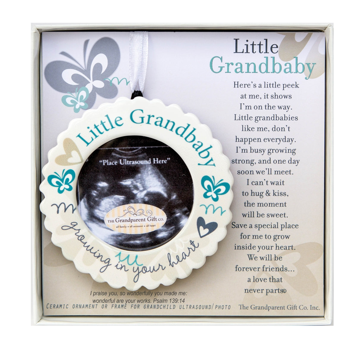 3" scalloped ceramic baby ultrasound/photo ornament to hold 2.25" round sonogram image. Ornament is gift boxed with "Little Grandbaby" poem folding card in a white 5.5"x5.5" box with a clear lid.