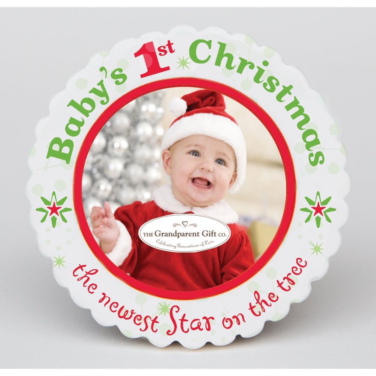 3&quot; scalloped ceramic Baby&#39;s First Christmas ornament to hold 2.25&quot; round photo.