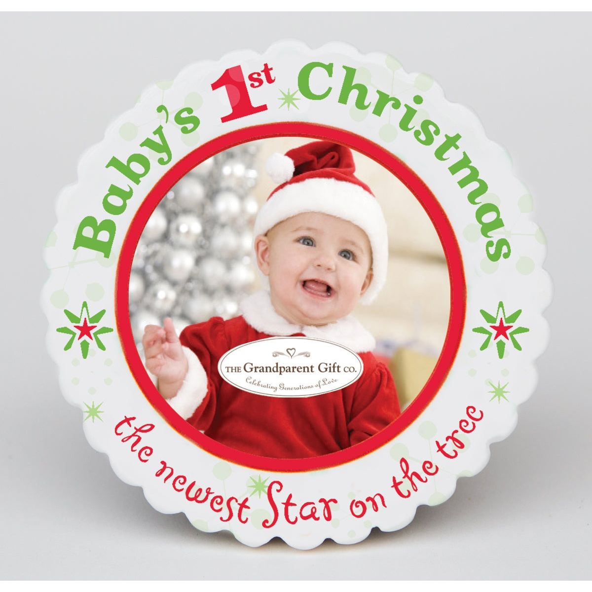 3" scalloped ceramic Baby's First Christmas ornament to hold 2.25" round photo.