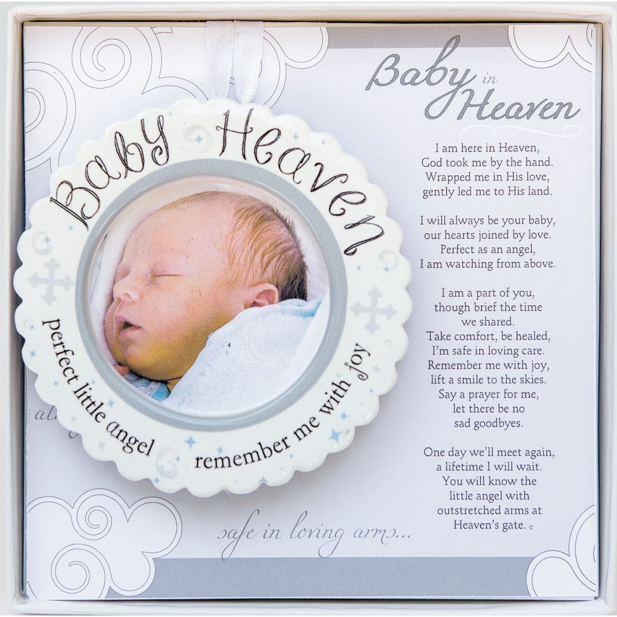 3" Scalloped Ceramic Baby Heaven Infant Memorial Ornament which holds 2.25 Round Sonogram Image or Photo with Ribbon for Hanging.  Ornament is gift boxed with "Baby Heaven" poem folding card in a white 5.5"x5.5" box with a clear lid.