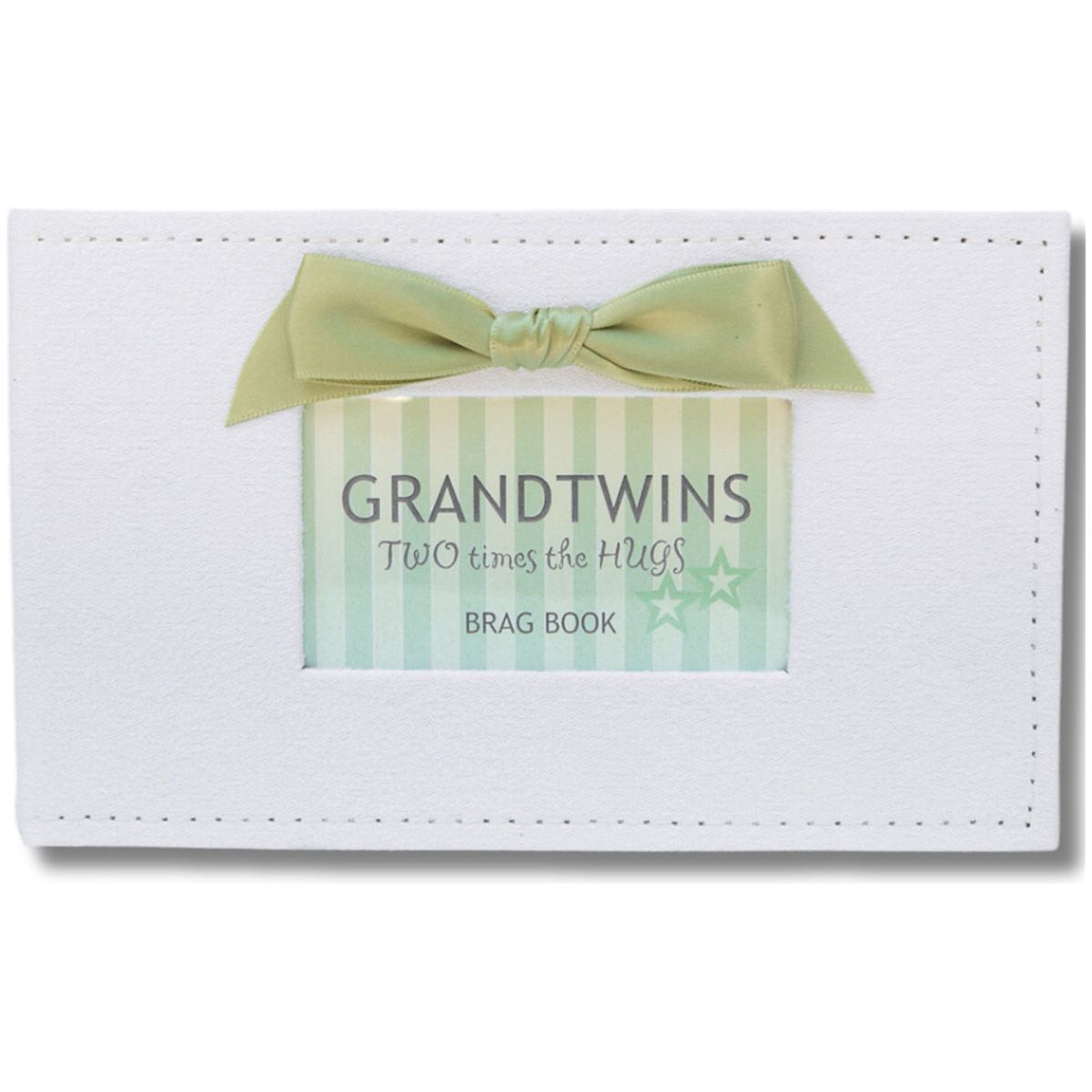 White faux suede photo album with green satin bow and a window with sentiment artwork showing.