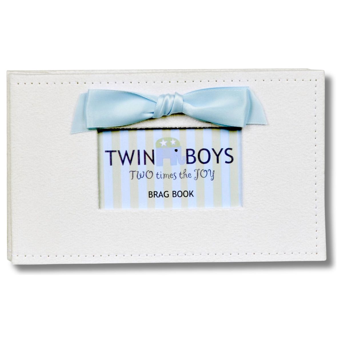 White faux suede photo album with blue satin bow and a window with sentiment artwork showing.