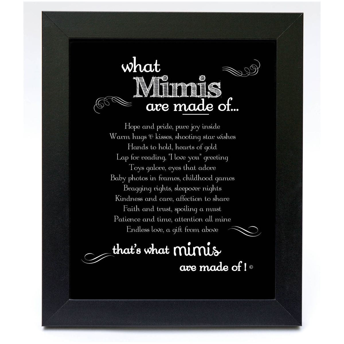 Black 8"x10" frame with "What Mimis are Made of..." poem