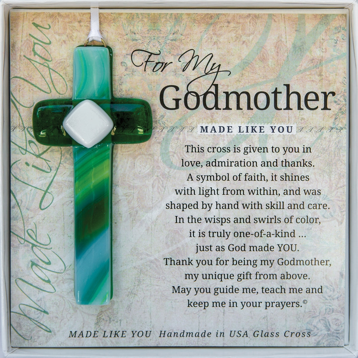Godmother Gift - Handmade 4" green glass cross and "For My Godmother" sentiment in white box with clear lid.