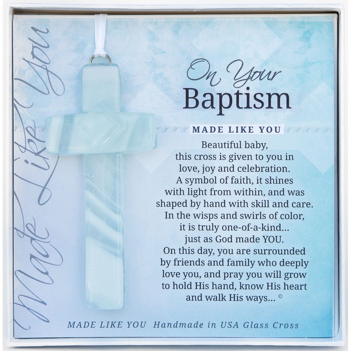 Baptism Gift - Handmade 4&quot; White/Clear glass cross and &quot;On Your Baptism&quot; sentiment in white box with clear lid.