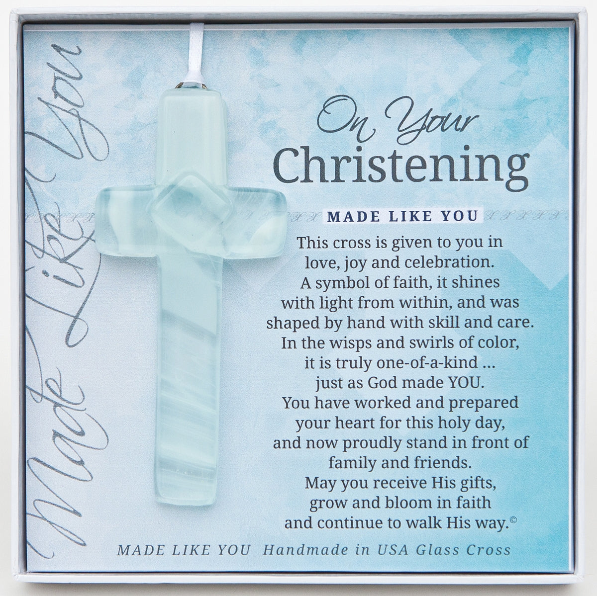 Christening Gift - Handmade 4" White/Clear glass cross and "On Your Christening" sentiment in white box with clear lid.