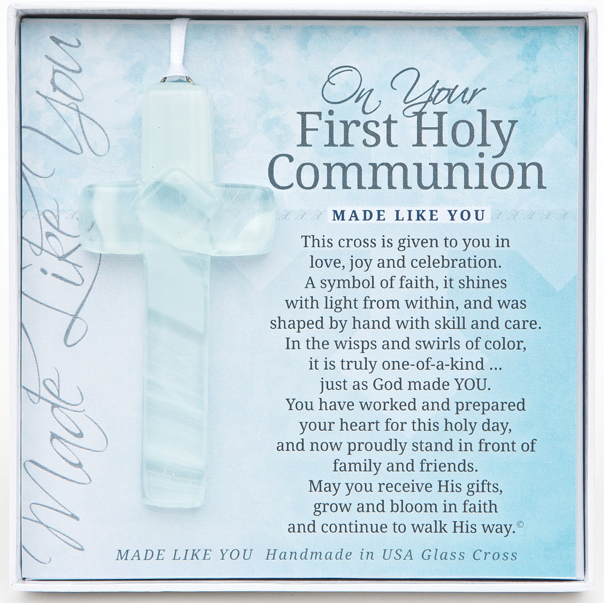 First Communion Gift - Handmade 4" White/Clear glass cross and "On Your First Holy Communion" sentiment in white box with clear lid