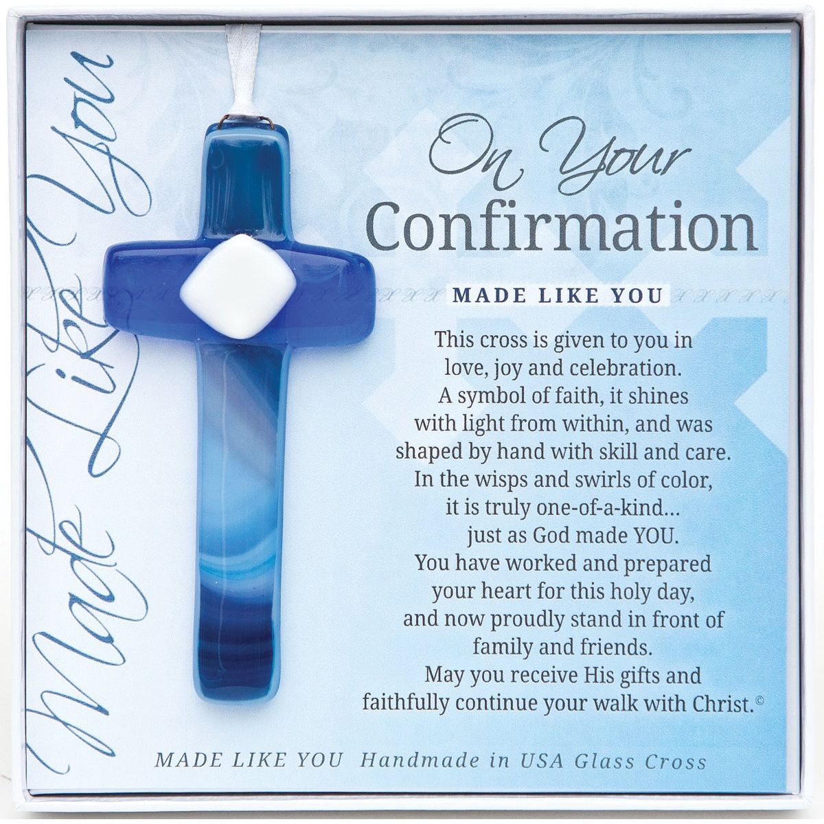 Confirmation Gift - Handmade 4" blue glass cross and "On Your Confirmation" sentiment in white box with clear lid.