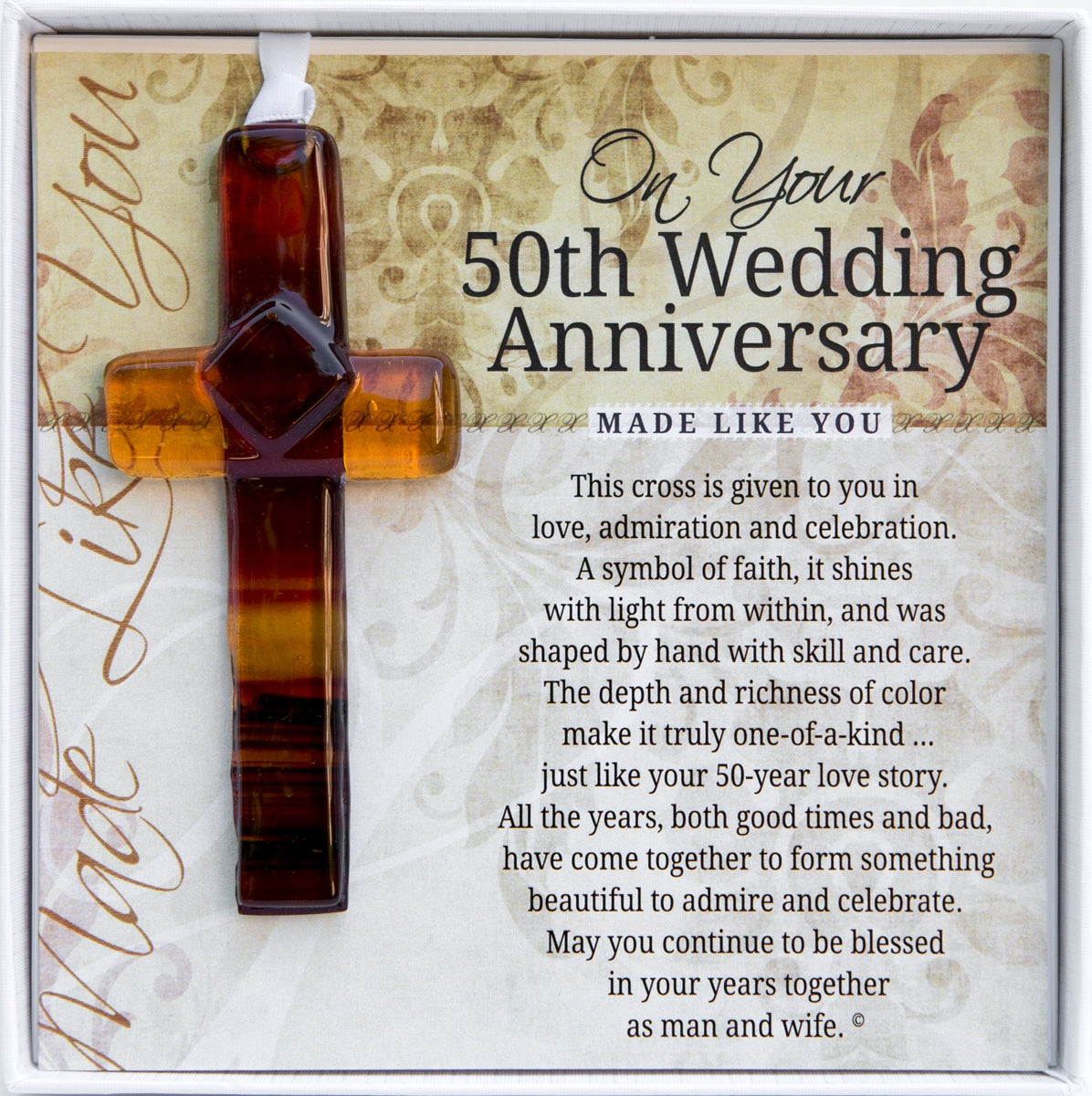 50th Anniversary Gift - Handmade 4" amber/brown glass cross and "On Your 50th Wedding Anniversary" sentiment in white box with clear lid