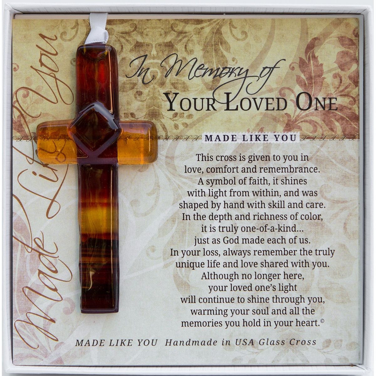 Memorial Gift - Handmade 4" amber/brown glass cross and "In Memory of Your Loved One" sentiment in white box with clear lid.