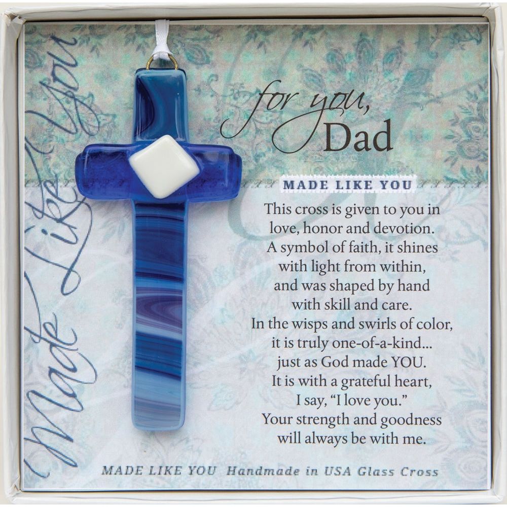 Dad Gift - Handmade 4" blue glass cross and "For You, Dad" sentiment in white box with clear lid.