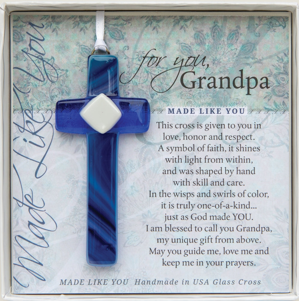 Grandpa Gift - Handmade 4" blue glass cross and "For You, Grandpa" sentiment in white box with clear lid.