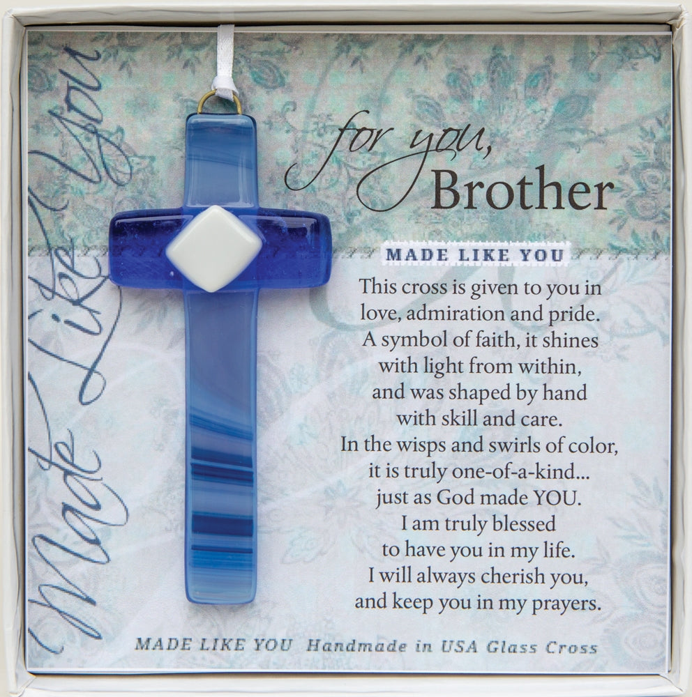 Brother Gift - Handmade 4" blue glass cross and "For You, Brother" sentiment in white box with clear lid.