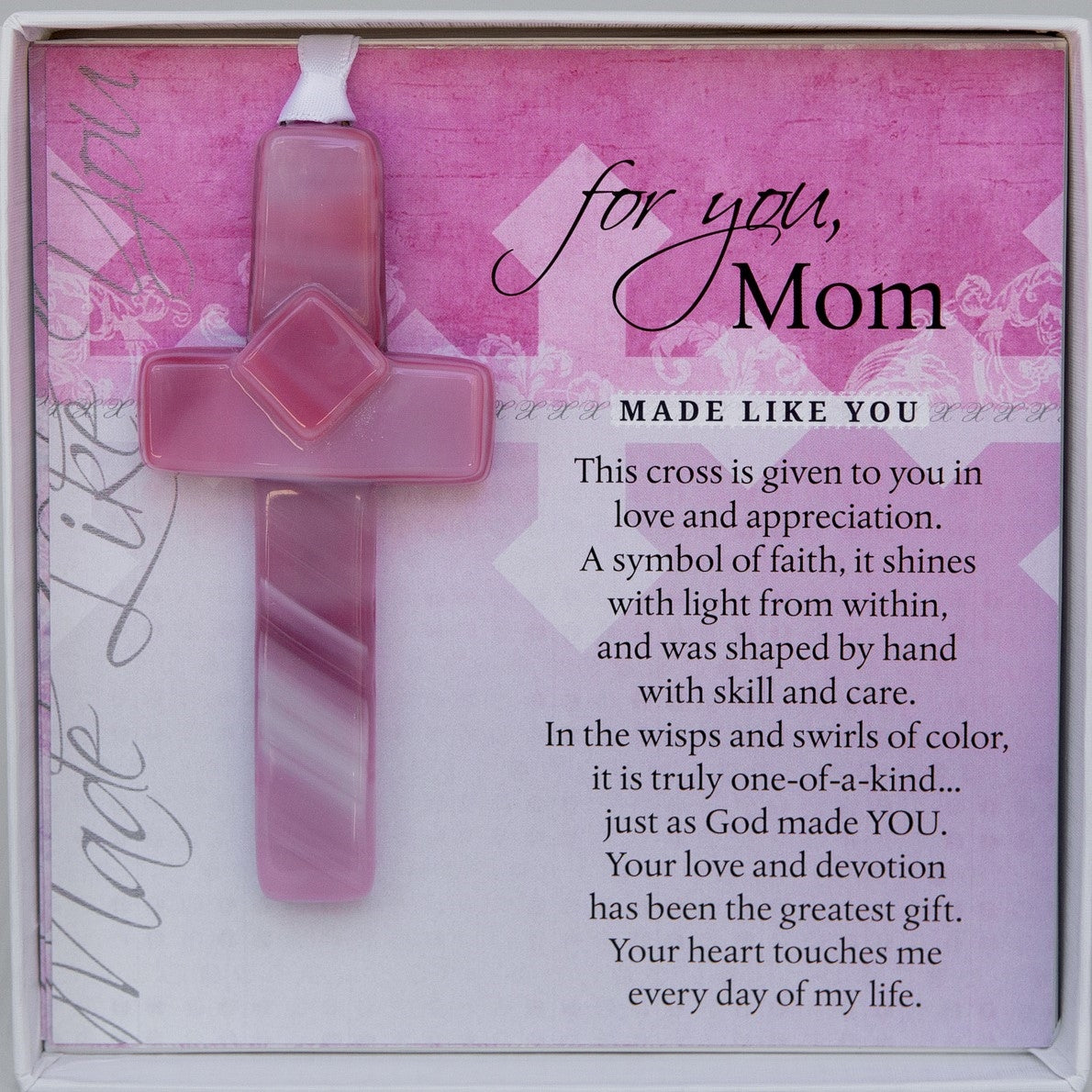 Mom Gift - Handmade 4" pink glass cross and "For You, Mom" sentiment in white box with clear lid.