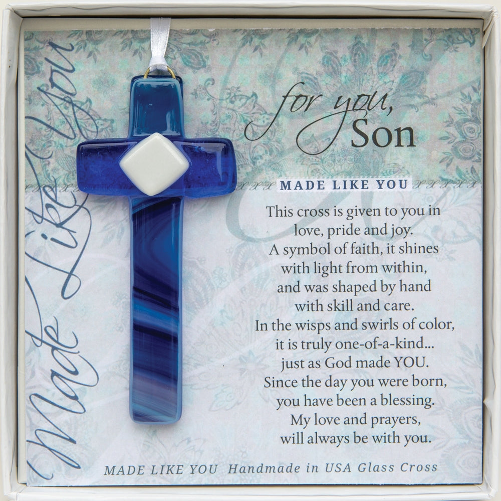 Son Gift - Handmade 4" blue glass cross and "For You, Son" sentiment in white box with clear lid.