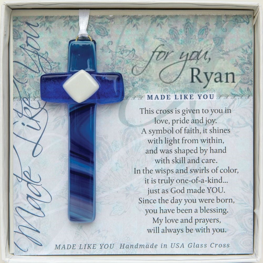 Personalized Son Gift - Handmade 4" blue glass cross and "For You, "Son"" sentiment in white box with clear lid. Poem customized with son's name.