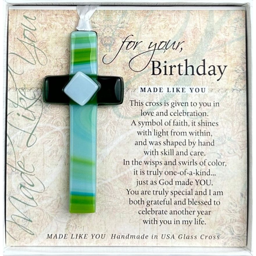 Birthday Gift - Handmade 4" green glass cross and "For Your, Birthday" sentiment in white box with clear lid