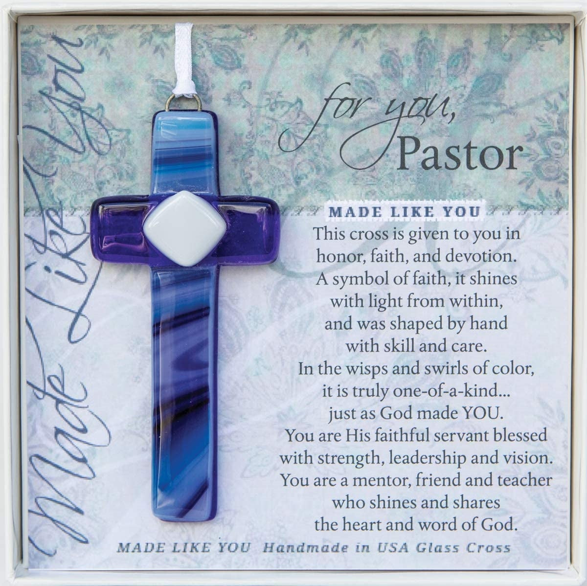 Pastor Gift - Handmade 4" blue glass cross and "For You, Pastor" sentiment in white box with clear lid.