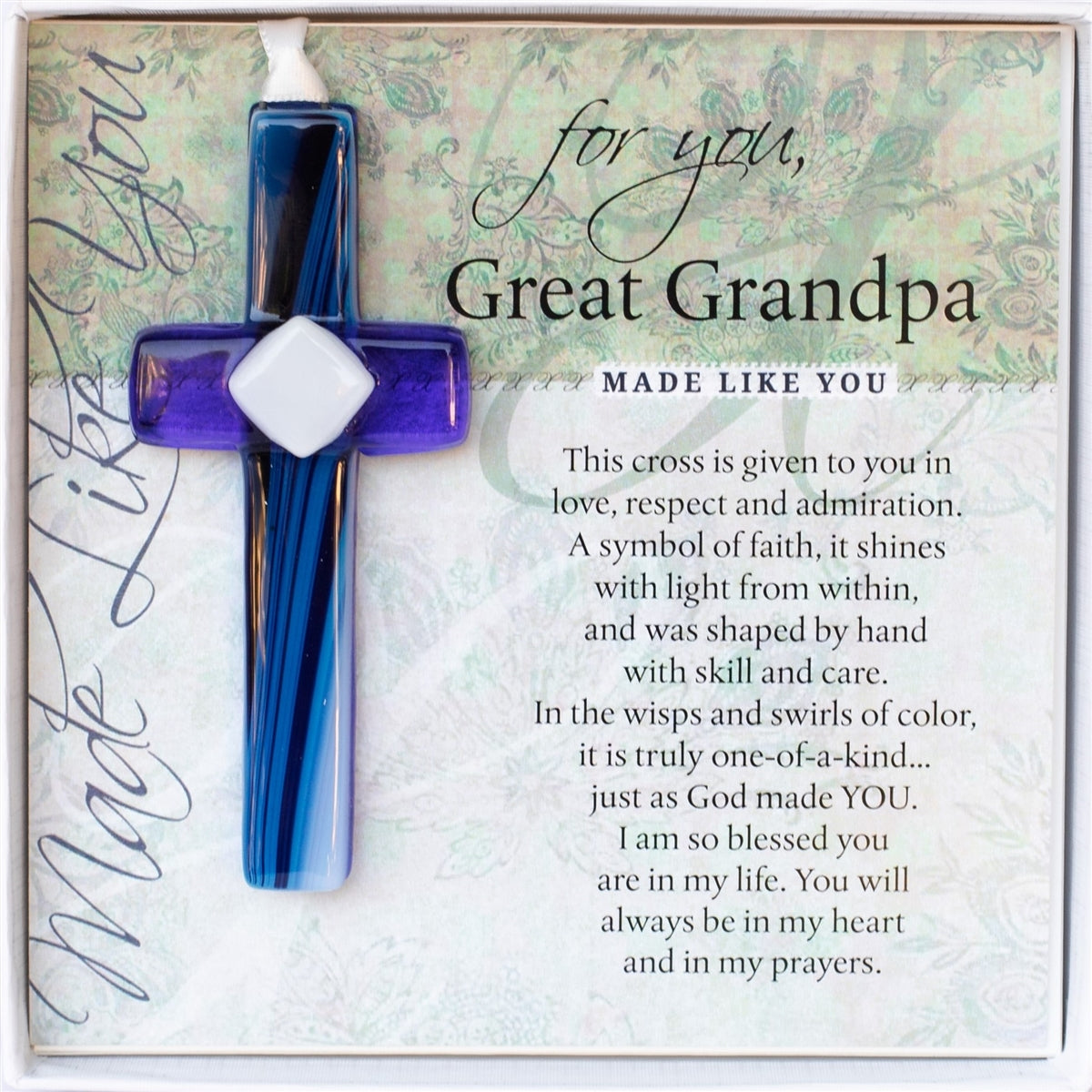 Great-Grandpa Gift - Handmade 4" blue glass cross and "For You, Great-Grandpa" sentiment in white box with clear lid.