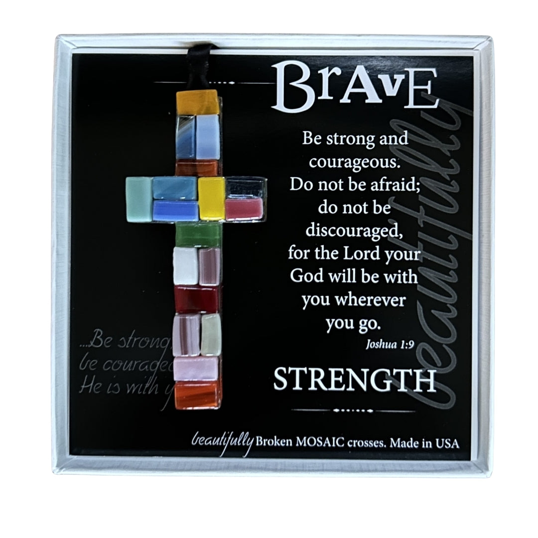 4" hanging "Made in the USA" multi-color mosaic glass cross with scripture verse for Bravery/Courage, in white box with clear lid