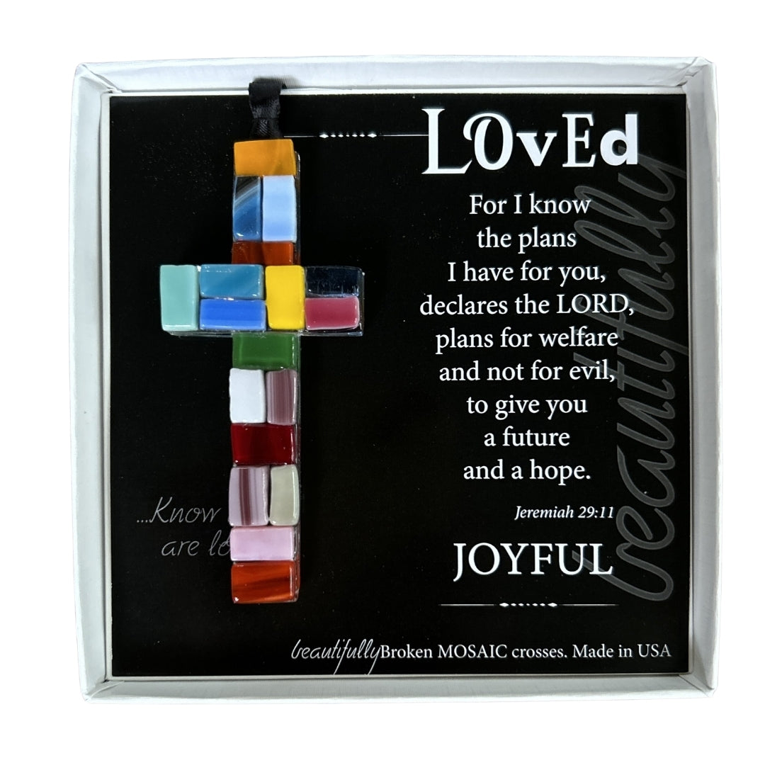 4" hanging "Made in the USA" multi-color mosaic glass cross with scripture verse for love, packaged in white box with clear lid.