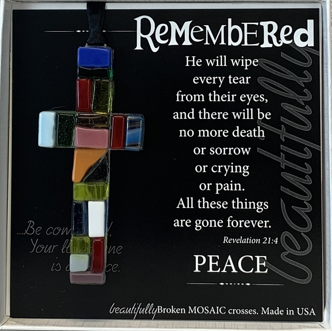 Memorial Gift - 4" hanging "Made in the USA" multi-color mosaic glass cross with scripture verse for remembrance, packaged in white box with clear lid.