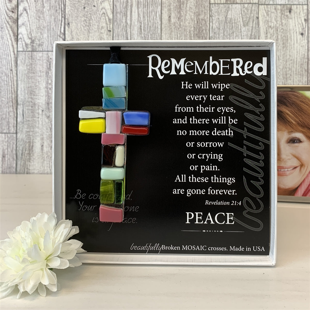Memorial gift with colorful mosaic glass cross.