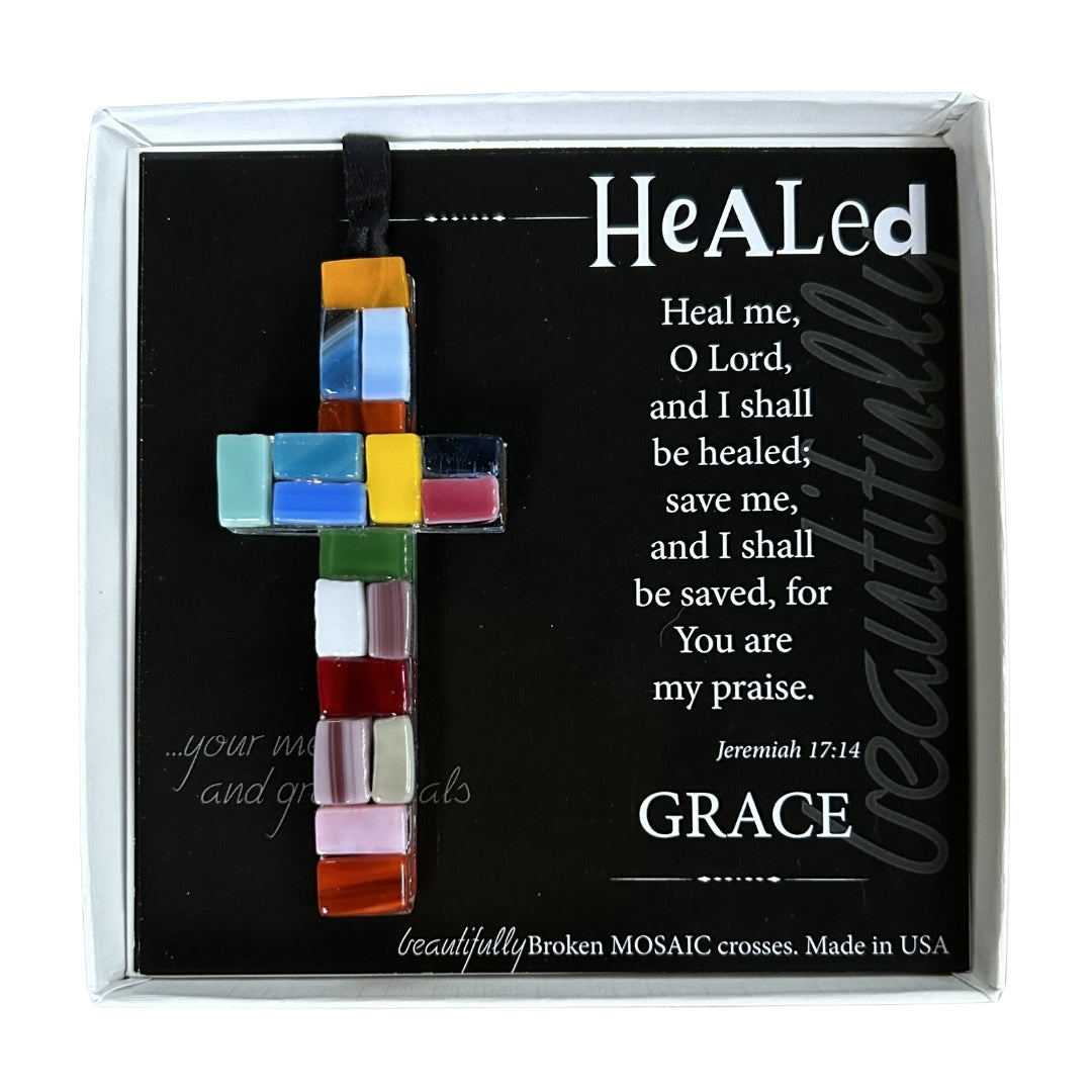 Get Well Gift - 4" hanging "Made in the USA" multi-color mosaic glass cross with scripture verse for healing, packaged in white box with clear lid.