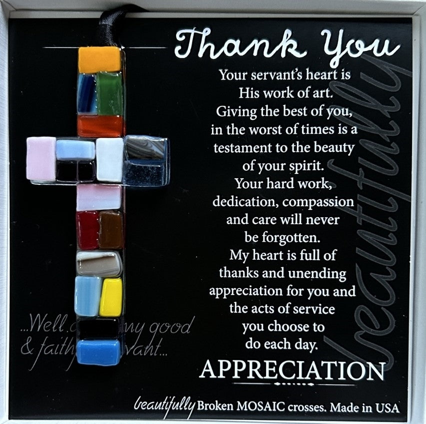 Thank You Gift - 4" hanging "Made in the USA" multi-color mosaic glass cross with thank you sentiment, in white box with clear lid.