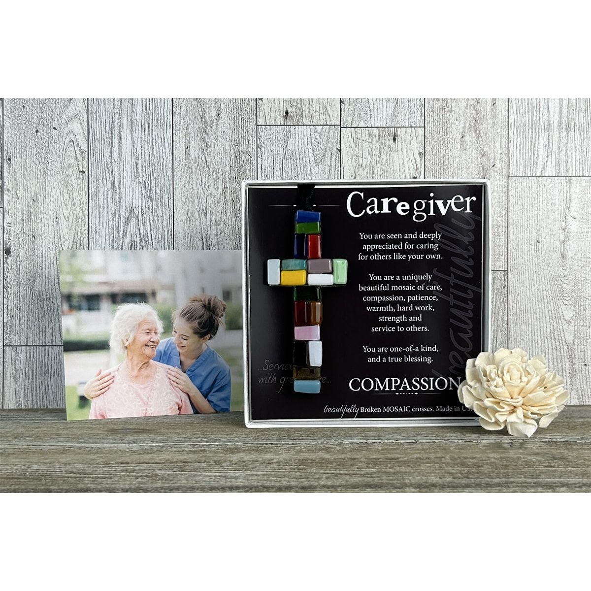 Caregiver Gift with a photo of a patient and cargiver in the background.