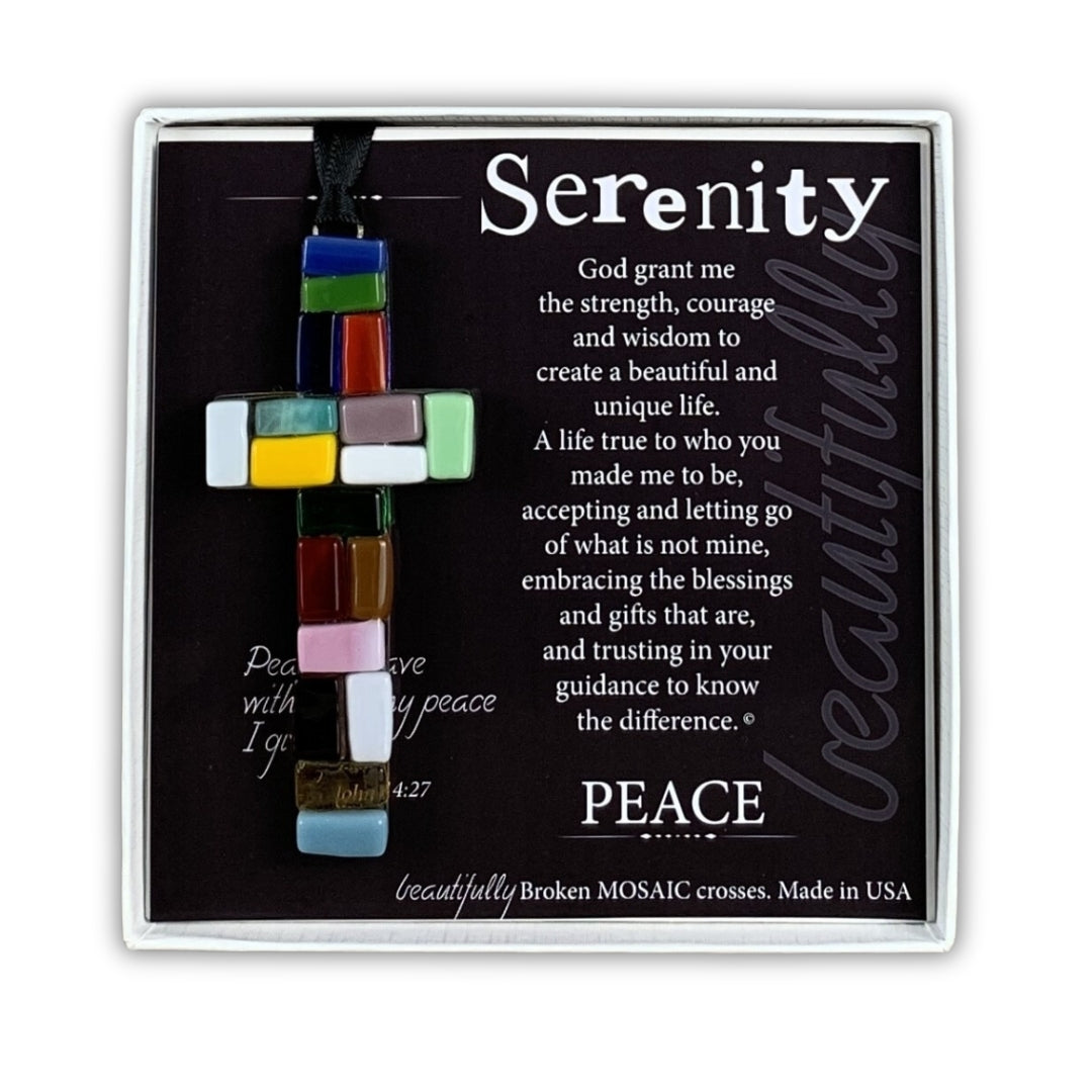 4" hanging "Made in the USA" multi-color mosaic glass cross with serenity sentiment, packaged in white box with clear lid.