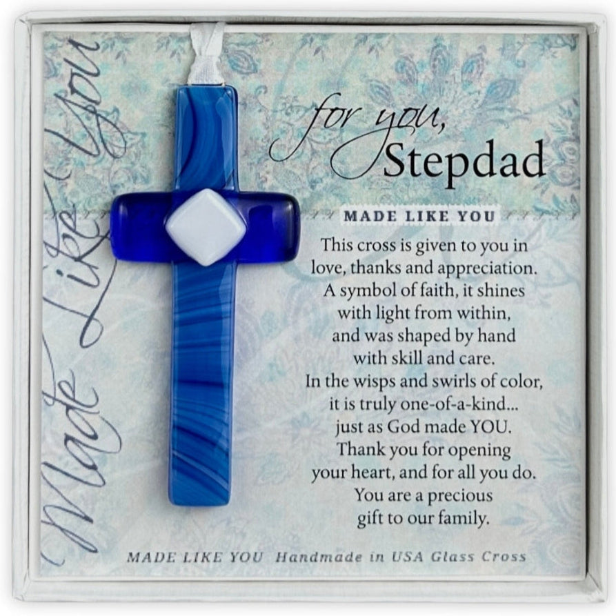 Stepdad Gift - Handmade 4" blue glass cross and "For You, Stepdad" sentiment in white box with clear lid.
