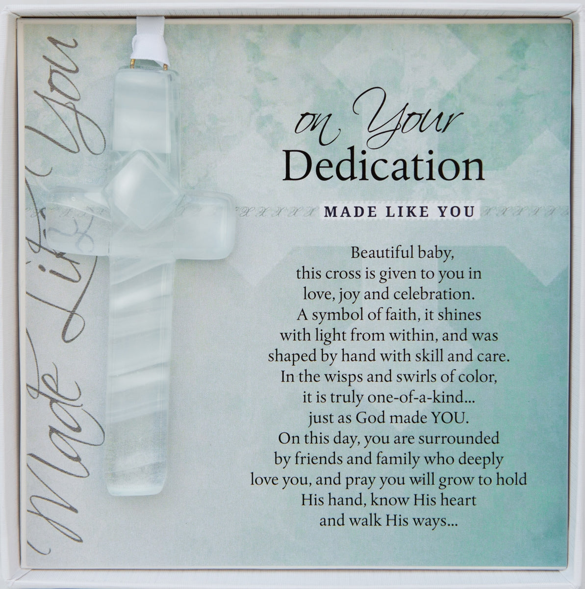 4" handmade clear hanging glass cross with "On Your Dedication" poem printed on cardstock in white gift box with clear lid.