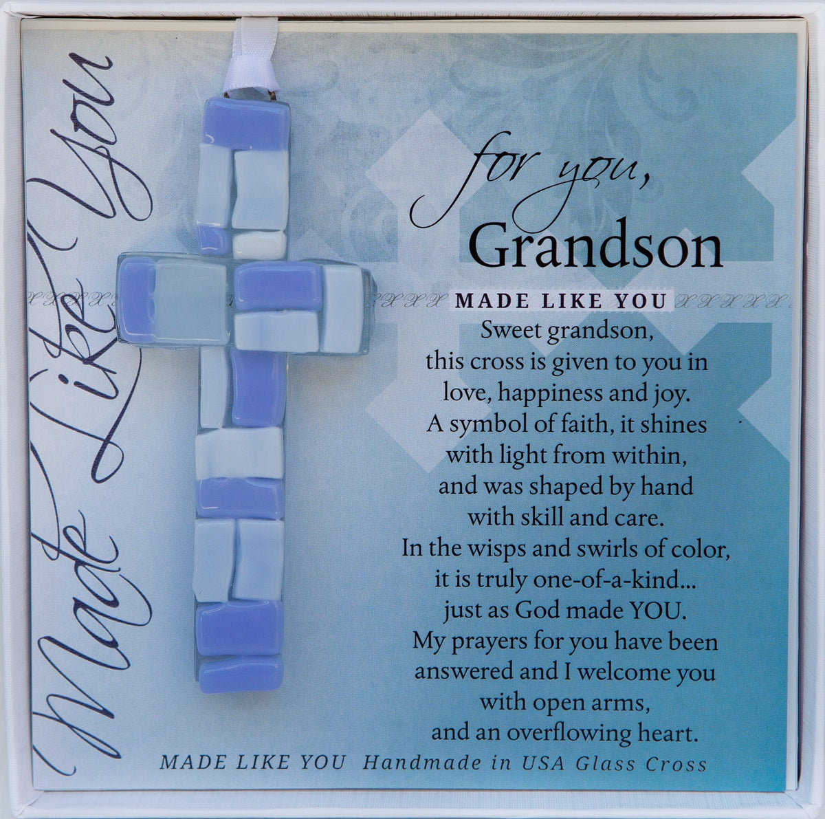 Grandson Gift - Handmade 4" blue mosaic glass cross and "For You, Grandson" sentiment in white box with clear lid.