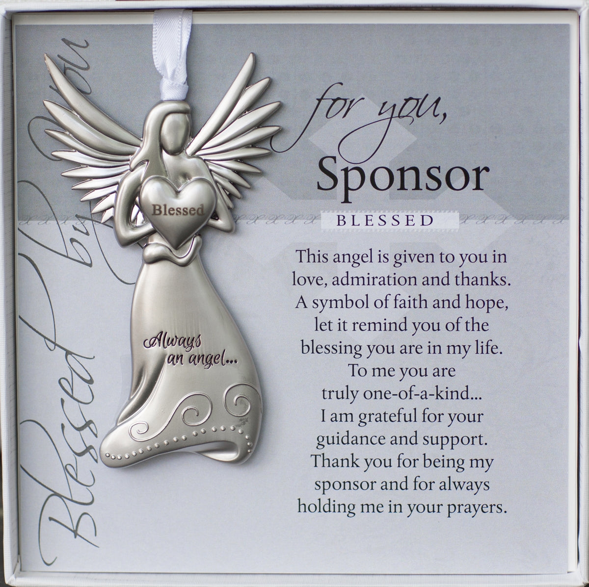 Sponsor Gift- 4" metal miracle angel ornament with "For You, Sponsor" poem in white box with clear lid
