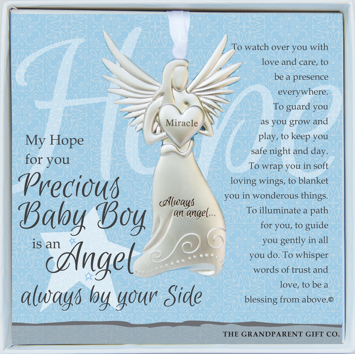 Baby Boy Gift- 4" metal miracle angel ornament with "Precious Baby Boy" poem in white box with clear lid