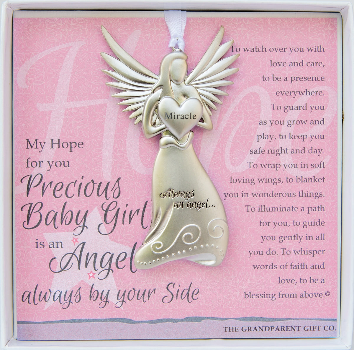 Baby Girl Gift- 4" metal miracle angel ornament with "Precious Baby Girl" poem in white box with clear lid
