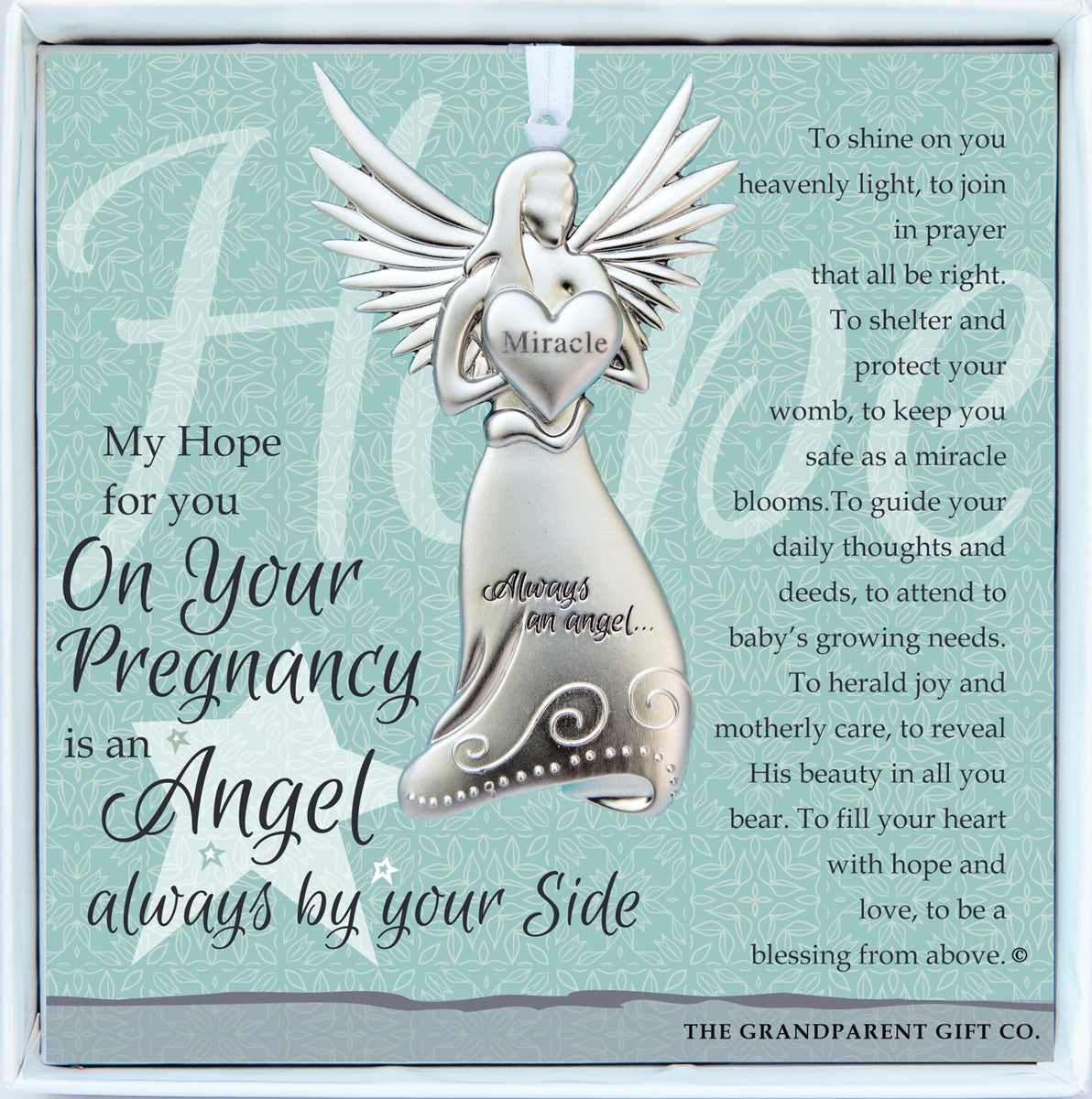 Pregnancy Gift- 4" metal miracle angel ornament with "On Your Pregnancy" poem in white box with clear lid