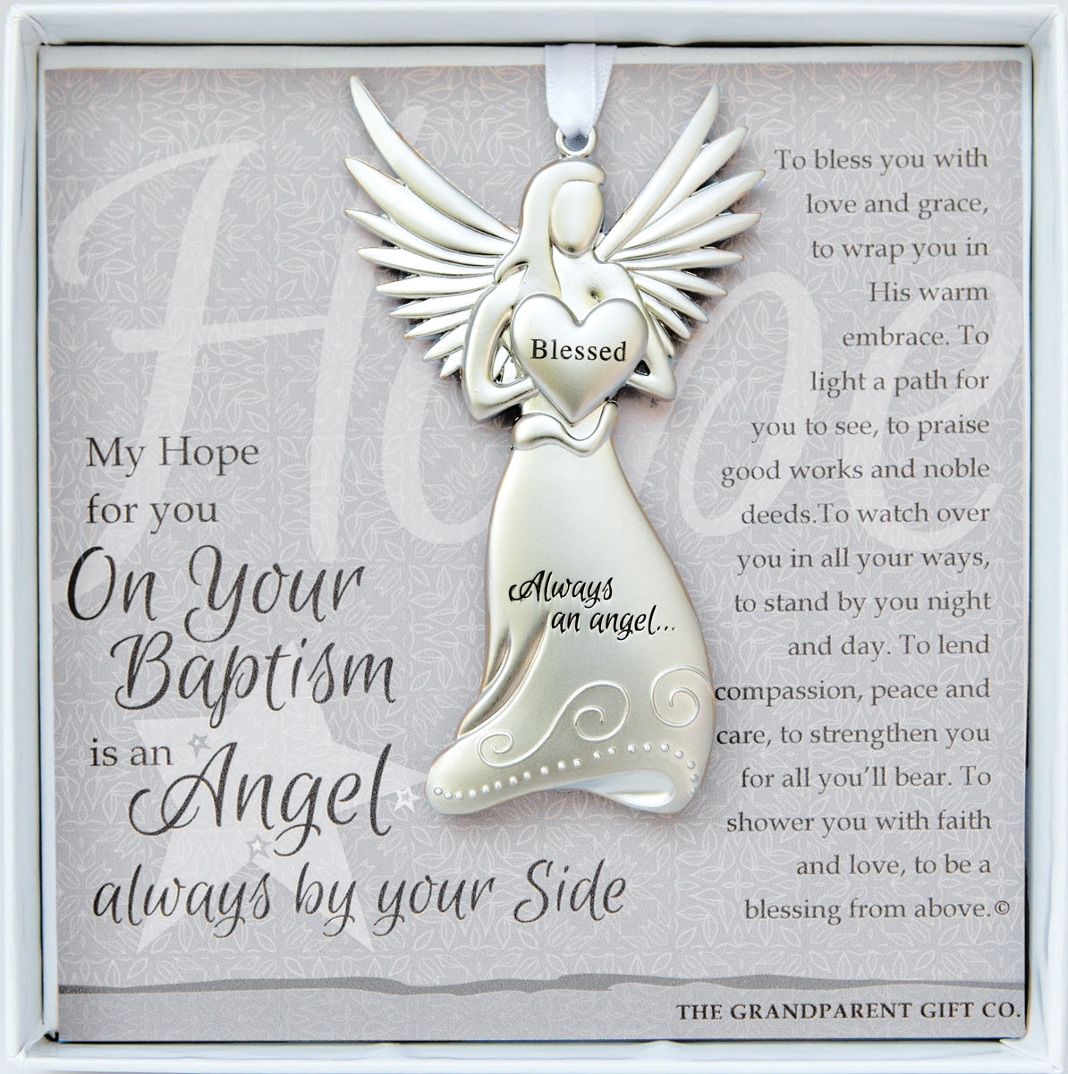 Baptism Gift - 4" metal blessed angel ornament with "On Your Baptism" poem in white box with clear lid.